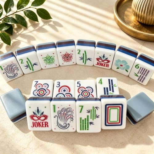 LongGenius Set di piastrelle Mahjong con motivo flora e piume, 160 piastrelle in acrilico a 4 strati incise, con borsa per il trasporto e accessori