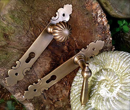 Antikas - Messing-antik Türbeschläge, Türknauf +Türdrücker mit 2x Messing Langschild