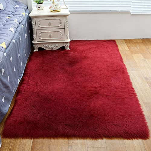 ZFHTAO Lammfell Schaffell Teppich Bettvorleger Modern kunstfell Fell Bettvorleger Teppich for Schlafzimmer Wohnzimmer Kind-Raum Anpassbare - Weinrot 50x120cm