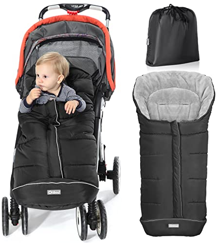 Orzbow Fußsack Kinderwagen Winter, Fußsack Buggy Fusssack Kinderwagen Baby Winter mit Wamres Korallen-Fleece, Reißverschluss, Anti-Rutschschutz & Reflektorstreifen, Universelle & Wasserdicht, Schwarz