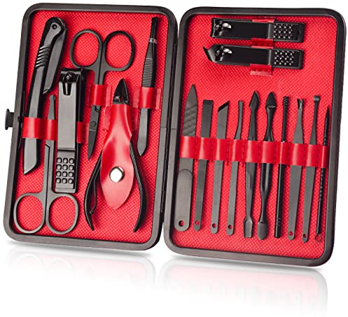 OWill Manicure Set, 18pcs Nail Clippers Pedicure Kit Nail Care Kit Manicure Professional Tools Gift for Men Women Friends and Parents (Black & Red)