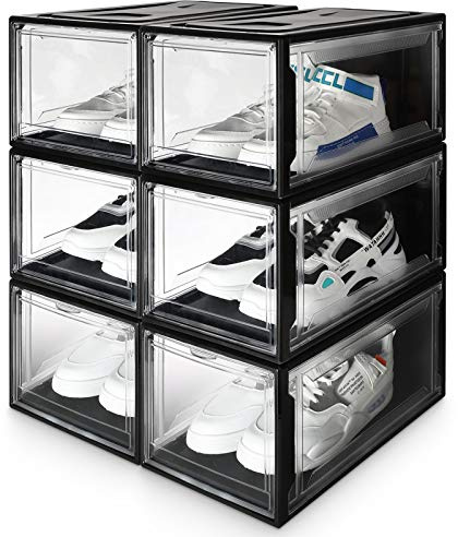 Yorbay 6er Set, Schuhbox Schuhregal, stapelbarer Schuhorganizer, plastikbox mit durchsichtiger Tür, Schuhaufbewahrung, für Schuhe bis Größe 48, Super transparent schwarz