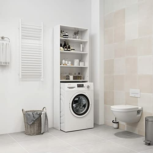 Susany Washing Machine Cabinet Over Toilet Cabinet Freestanding Washing Machine Rack with 4 Compartments Bathroom Laundry Storage Organiser Cupboard High Gloss White 64x24x190 cm