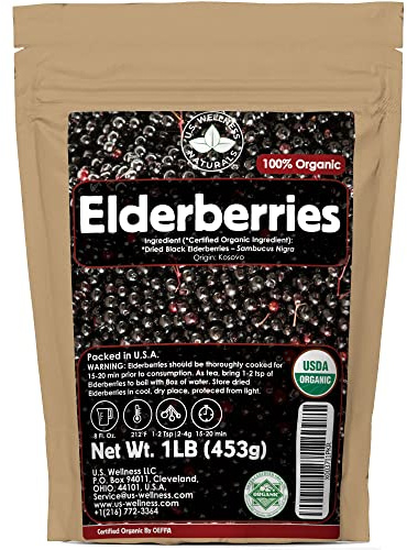 U.S. Wellness Naturals Elderberries – 1lb (Real Wild Harvest) | 100% USDA Certified Organic | Bulk Black Dried Elderberry | for Making Elder Syrup, Gummies, Tea - Raw Vegan Sambucus Nigra