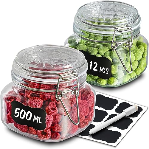 Praknu 6 Tarros de Cristal Herméticos 500l - Con Etiquetas, Rotulador y Juntas de Repuesto - Ahorro de Espacio gracias a su Forma Angular