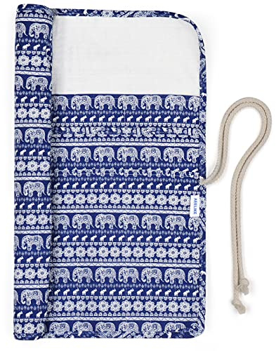 Aeelike Blau Elefant Stricknadel Rollentasche, 45,5 x 36 cm Extra Lang Stricknadelrolle Tasche Organizer, Tragbar Stricknadel Wickel mit 20 Slots für Stricknadeln, Tunesische Häkelnadel, Nadelspiel