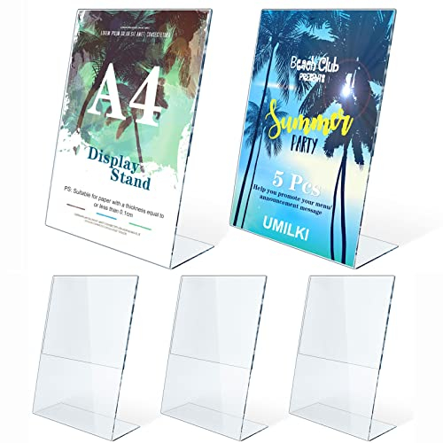 UMILKI 5 Pezzi Espositore Plexiglass A4, Espositore da Tavolo A4 con Base a L, Porta Menu da Tavolo in Acrilico, Porta Avvisi da Tavolo per Menu, Foto, Prezzi, Poster, Trasparente
