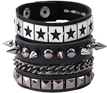 Eigso 2 Stück Punk Stern Muster Leder Manschette Armbänder für Männer Frauen Retro Vintage Leder Nietenarmband Set für Mann Frau
