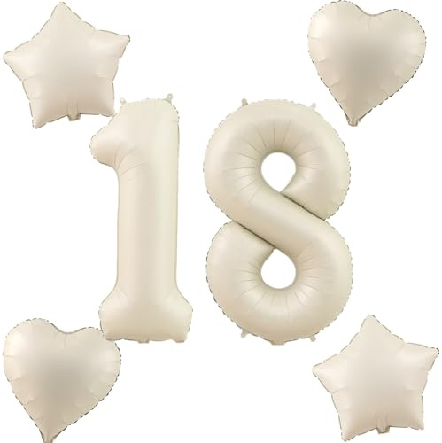 Beige Luftballons Zahl 18+4 pcs herz/stern Folienballon Zahl 18 .Geburtstag mädchen,40 Riesenzahl Ballons 18.geburtstagsdeko Jungen,Zahlenballon 18, Helium Ballons 18 Zahlen Luftballons