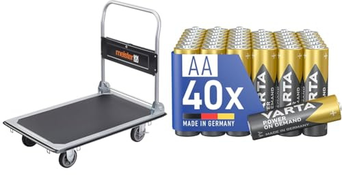Meister Plattformwagen Klappbar Bis 300 kg Tragkraft Feststellbremse/Transporthilfe mit Lenkrollen/Paketwagen mit Antirutsch-Beschichtung/Klappwagen aus Stahl / 8985540 & VARTA Batterien AA