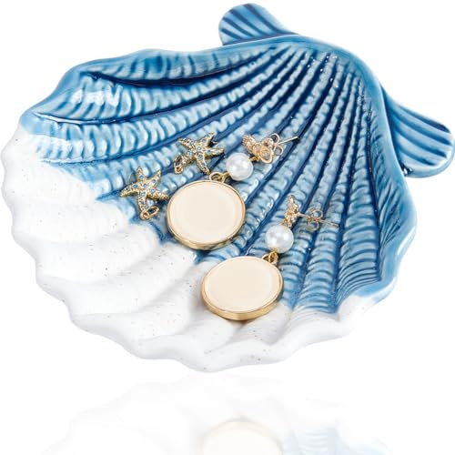 GORGECRAFT Vassoio In Ceramica con Conchiglia Blu Piatto per Gioielli Porta Anelli Organizzatore Stile Oceano Mare Orecchini Collana Conservazione Decorativo Piccola Chiave Ciotola Piatto per Orologio