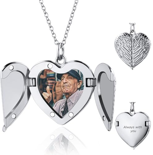 OTXIXTO Personalizzata Foto Argento Ali D'Angelo Cuore Medaglione Collana per Donna Collana con Medaglione Memoriale con Immagine/Testo Interno Memoriale Sunshine Gioielli Regalo per Donna (Stile C)