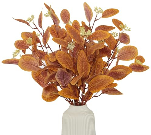 UXORSN Künstliche Eukalyptusstiele, gelbe künstliche Blätter, grüne Pflanzenzweige mit weißen Samen, Silber-Dollar-Laub, Herbstpflanzen, für Hochzeit, Blumenarrangement, Party, Herbstdekoration, 6