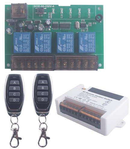 110V 220V 4 Channels Wireless Relay Remote Control Switch,RF 433Mhz AC 90V-250V 4CH Garage Door Opener Wireless Switch Receiver 2 Transmitters, Easy to Terminal Wiring (4CH 2* Controller 433Mhz)