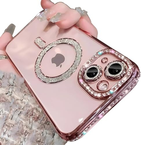 Sitthyw Glitzer Hülle für iPhone 15 [Kompatibel mit Mag-Safe] Transparent Handyhülle mit Bling Sparkly Diamant für Mädchen Magnetische Schutzhülle Weiche TPU Bumper Stoßfest Case, Rosa