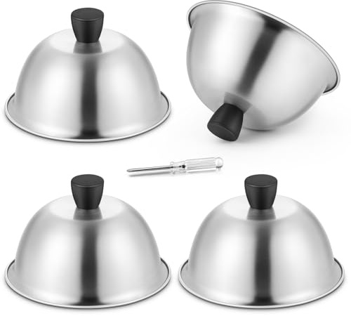 HaSteeL 6 Inch Basting Cover, Stainless Steel Melting Dome Set of 4, Small Metal Steaming Cover Grill Lid for Cheese Burger, Ideal for Indoor & Outdoor Flat Top Griddle Teppanyaki, Dishwasher Safe