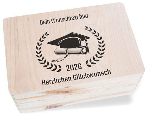 Holzkiste Erinnerungsbox - Dein Wunschtext Abschluss 2026 Glückwunsch | Geschenk Bachelor | 10. Klasse Abschluss Grundschule | Master Abschluss Geschenk ABI - 30x20x14 cm - Holz - geschenke kiste