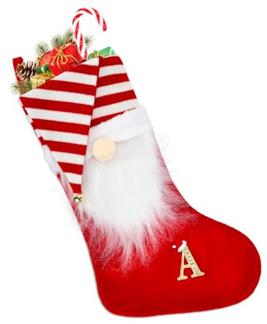TOPWAYS Weihnachtsstrumpf Personalisiert, mit Buchstaben 50 cm Bestickter Nikolausstrumpf Christmas Stockings Weißem Plüschbündchen Kamin hängende Ornamente Geschenkhalter für Weihnachtsbaum (A)