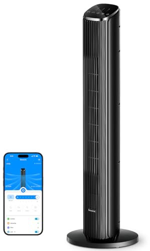 GoveeLife Black Tower Fan for Bedroom, 36 Smart Floor Fan with App/Voice Control, Temperature Sensor, 5 Modes 8 Speeds(25ft/s), 29dB Quiet Oscillating Fan for Office, 24H Timer, Auto Cooling
