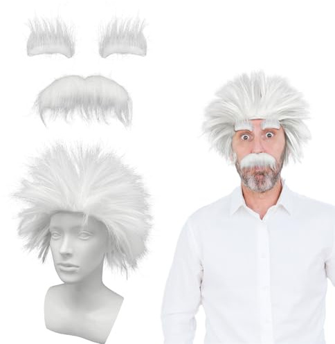 UILYNIU 3 Stück Verrückter Professor Wissenschaftler Kostüm Set Weiße Perücke mit Schnurrbart Afro Perücke Herren Old Man Perücke Weißem Bart Kostüm für Cosplay Mottoparty Festival(Weiß)