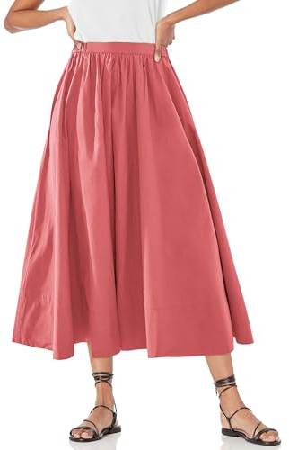 Yousify Women’s A-Line Midi Skirts Casual Elastic High Waist Flowy Swing Pleated Beach Boho Long Skirt with Pocket Dark Pink
