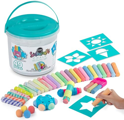 Loddie Doddie Sidewalk Chalk Bucket - Pack of 49, Multicolor - Washable Sidewalk Chalk for Kids Outdoor Fun - Comfort-Grip Holders for Kids Outdoor Games - Refillable Balls & Stencils for Art Supplies