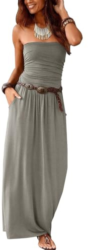nicticsi Vestito Casual da Donna Senza Spalline Bohemian Abiti Lunghi Elegante Gonna da Spiaggia a Tinta Unita off Shoulder Tube Top Comodo e Traspirante Maxi Vestito Estate A Grigio XL