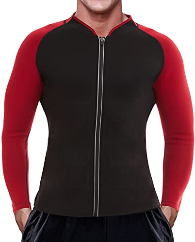 DownLTL Schlankheitsgürtel für Herren, Neoprenjacke, Kompression, Saunaanzug, Sportshirt, Bauchmuskelshirt, langärmlig, mit Reißverschluss, Fitness, Sport, rot, XL