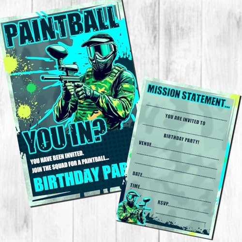 Invitaciones de cumpleaños y sobres de Paintball (texto encendido) (paquete de 20 con sobres)