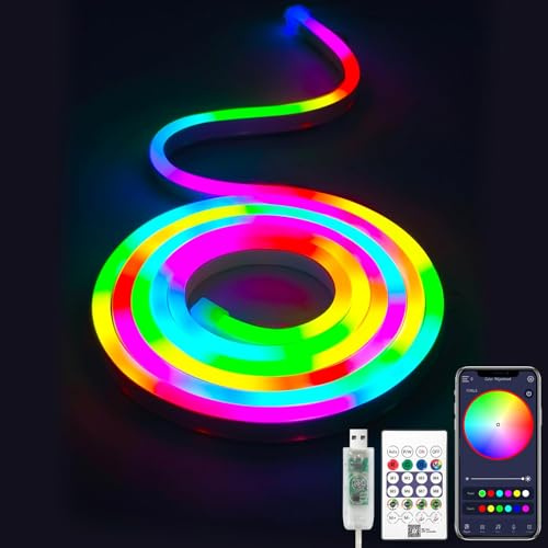 RGBIC LED Strip Light, 2M USB Neon Rope Lights for Christmas Window TV Cabinet Mirror Bedroom Outdoor Decor, 5V Waterproof Flexible LED Rope Light with APP/Remote Control, Colour Changing, Music Sync