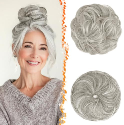 BARSDAR 2 Stücke Messy Bun Haarteil Mit Gummiband, Grau Haar Dutt Haargummi Extensions für Damen Synthetisch Haaren Hochsteckfrisuren Dickes Haardutt Haarverlängerung Haarteile Tägliche Party