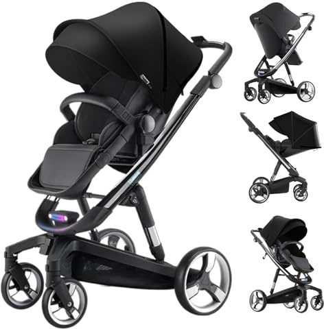 Veitoalioy Kinderwagen Ausgestattet mit PU-Rädern, Bequemer Multifunktionaler Kombikinderwagen Komplettset, Faltbarer Kinderwagen Set, Aluminium Hohe Landschaft Babywagen (WL8 Black-1)