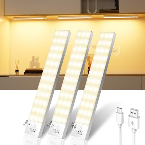 Ylatoial LED Cuisine Sous Meuble Lot de 3, Lampe de Placard Détecteur de Mouvement 3000K Lampe Amoire LED Sans Fil 1000mAh Eclairage sur Batterie Rechargeable USB Veilleuse pour Chambre Tiroir Chevet