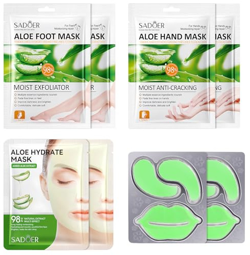Maschera Piedi Esfoliante,Guanti Idratanti Mani,Maschera Viso in Tessuto,Patch Occhi,Lip Mask,Kit per la Cura della Pelle Aloe Vera,Calzini Idratanti per Piedi,Nutriente con Aloe Vera