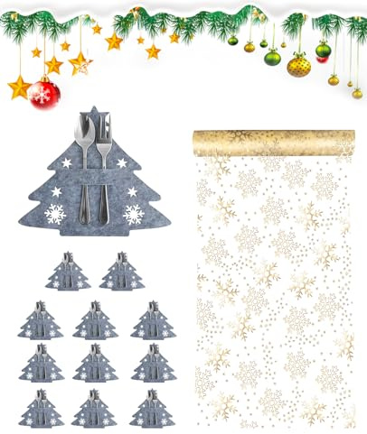 ALONK 12 Stück Bestecktasche Weihnachten mit 5M×28cm Stern Tischmatte, Filz Besteckhalter Weihnachten