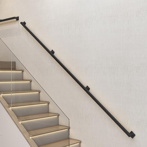 10FT Stair Handrail Indoor, Black Metal Stair Railing, 500lbs Load Capacity Industrial Iron Handrail, Wall Mounted Safety Handrail, for Stairs, Home, Loft, Porch, Deck, Rust-Resistant