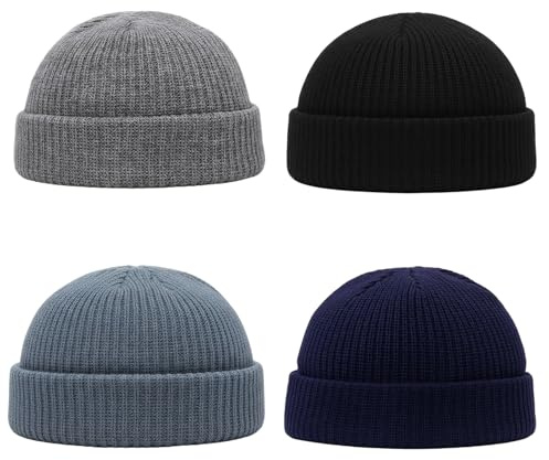 4er Set Fischermütze Herren - Baumwolle Fisherman Beanie & Seemannsmütze für Männer, Maritime Wollmütze im Docker Mütze Design, Weiche Herren Mütze für Winter & Outdoor