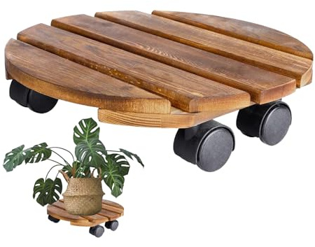 Peosaard Rolling Plant Stand, Plant Trolley 30cm Round Caddy with Wheels Wooden Rolling Stand Pot Movers for Garden Supplies 160Lb, Wooden Roller