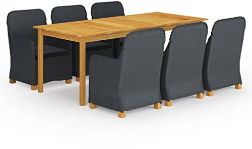 QJBSAVVA 7-TLG Gartenmöbel Set Essgruppe 200x90 cm Akazienholz Tisch & 6 PE-Rattan Stühle mit abnehmbaren Kissen Robustes Balkonmöbel Set für Garten Terrasse oder kleine Balkone