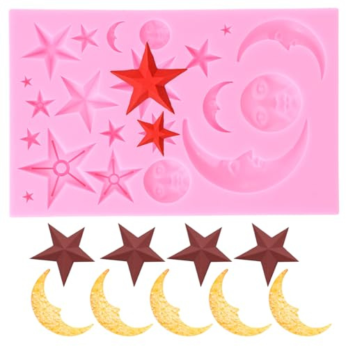 Moldes de Silicona, 3D Sol, Luna y Estrellas, Moldes Decoración para Tartas para Fondant, Chocolate, Galletas, Repostería - Fiesta Temática (Rosa)