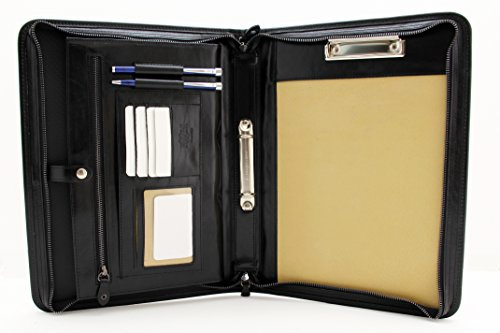 Lederschreibmappe 2, Ringbuch, professionelles Business-Portfolio mit Reißverschluss | Organizer für Lebenslauf, Dokumente, Notizblock, Klemmbrett, Schreibblock | Damen, Herren Schwarz