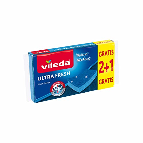 Vileda – Set de 3 estropajos Fibra UltraFresh No Raya con Tratamiento antibacterias, tamaño 21 x 11.5 x 2.7 cm, 3 Unidades