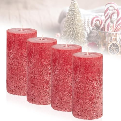 Candelo 4er Set Kerzen Ambiente Rustic Stumpenkerzen - Rot - große Rustik Kerze 12cm - lange Brenndauer ca. 54 Stunden Weihnachtskerzen Adventskranz Unparfümiert
