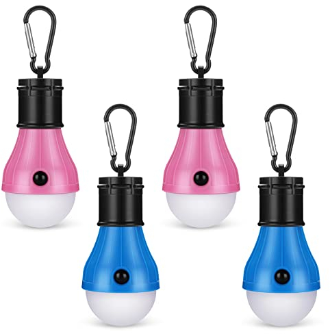 Campinglampe，LED Camping Laterne，4 Stücke Zeltlampe mit Karabiner Kinder Glühbirne Set, Tragbare Wasserdicht Camping lampe für Garten, Stromausfall, Festival, Garage, Geschenke (4：2Blau+2Rosa)