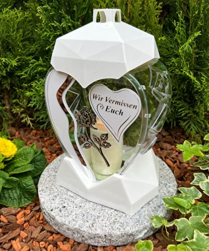 Lampada da tomba a forma di cuore con scritta – We Misessen EUCH – 28 cm H – Lampada da tomba colore bianco candela funeraria decorazione funeraria senza base e senza decorazione