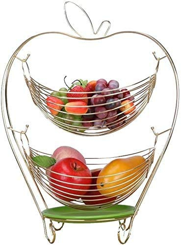 Corbeille à Fruits Plateau à Fruits balançoire créative Panier de Rangement Plateau à Fruits Double Salon décoration en Acier Inoxydable Drain