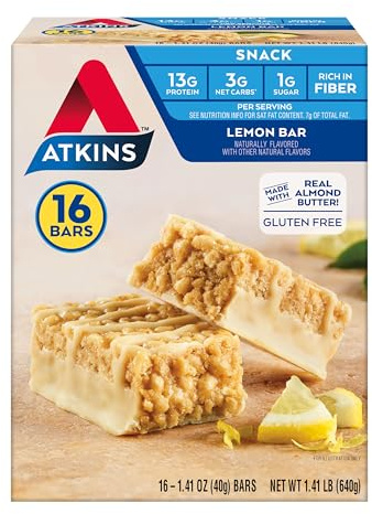 Atkins Lemon Flavored Snack Bar, High Protein Bar, Low Sugar and Low Carb, Keto Friendly Snack, Gluten Free, High in Fiber, Made with Real Almond Butter, 16 Count