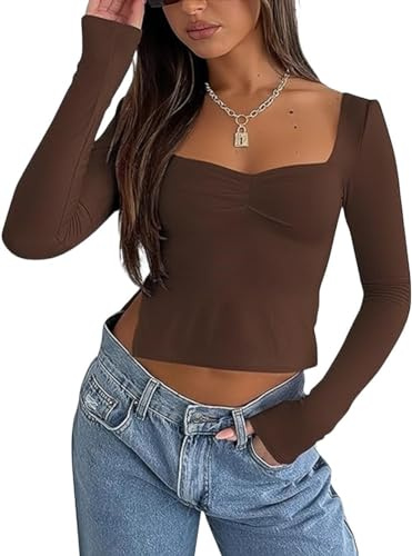 Rongseng Långärmad damtröja sexig crop toppar magfria toppar sweetheart neck långärmad t-shirt smal passform slits plissé tröja Y2K toppar enfärgad skuren topp elegant fashionabla streetwear, BRUN, L