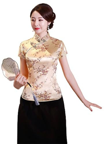 Bigougem Cheongsam Chinois Manches Courtes Col Montant Imprimé Dragon Phoenix Chemisier Ethnique Blouse Top pour Fête Été