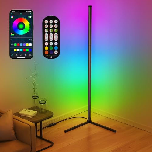 riyo Led Floor Lamp, RGB Corner Floor Lamp with APP and Remote Control, 16 Million Colors & 68+ Scene Color Changing Ambience Light with Music Sync for Living Room, Bedroom, Gaming Room Decor